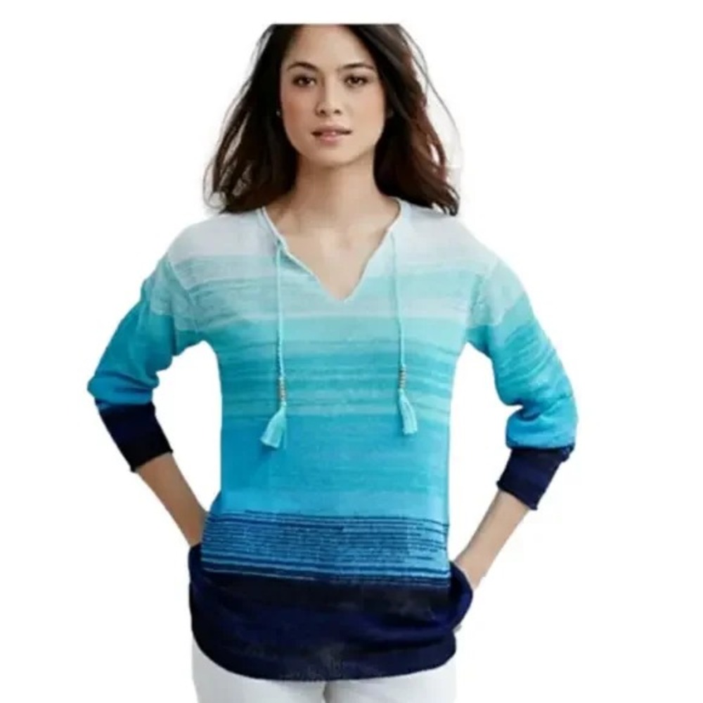 J.JILL 100%‎ Linen Open Knit Blue/Aqua Ombre Tunic-V-neck Tassels-Size M